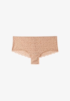 Pantalones hipster de encaje en tono nude con un patrón floral, bordes ondulados y una textura suave. Cintura elástica y diseño de cobertura completa.