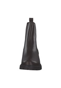 Donkerbruin leren chelsea-boot met een gladde afwerking, ronde neus, een aantreklabel en een rubberen zool met profiel voor grip.