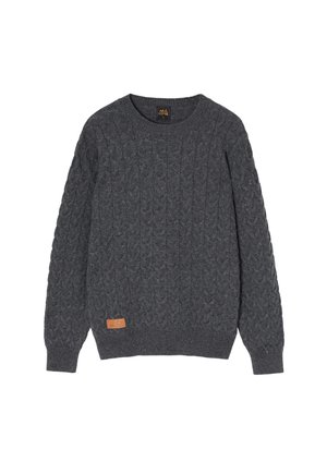 Gray cable-knit sweater with a round neck, ribbed cuffs, and hem. Features a small leather tag at the lower side for detail.