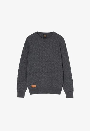 Maglione grigio a coste con collo tondo, polsini e orlo a coste. Presenta un piccolo etichetta in pelle sul lato inferiore per un tocco di dettaglio.