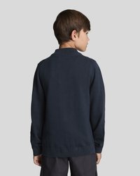 Pull-over navy en tricot doux, doté d'un col et de poignets côtelés, avec une texture lisse et une coupe classique.