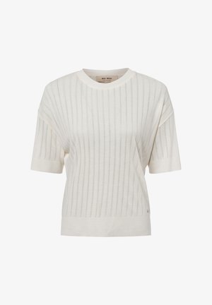 Short-sleeve cream sweater with vertical ribbed texture, rounded neckline, and subtle logo accent at the hem. Made from lightweight material.