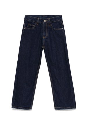 Donkerblauwe denim jeans met een rechte snit, vijf-pocket ontwerp, koperen stitching en een metalen knoopsluiting bij de taille.