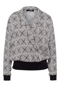 Schwarz-weiß gepunktete Bluse mit Wickeldesign, langen Ärmeln und einem schwarzen, gerippten Saum. Leichter Stoff mit glatter Textur.