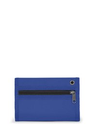 Blue fabric wallet with black zipper pocket and metal eyelet on the top right corner, closed and displayed front-facing.