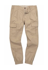 Beige cargo bukser lavet af letvægtsstof, med flere sidelommer, elastisk talje og tætsiddende manchetter ved anklerne.