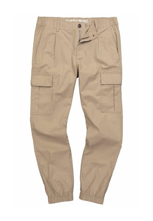 Pantaloni cargo beige realizzati in tessuto leggero, con multiple tasche laterali, una vita elastica e polsini aderenti alle caviglie.