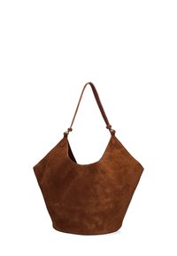 Borsa a tote in suede marrone con una texture morbida, forma hobo e una singola tracolla. Presenta un'apertura in alto e un design minimalista.