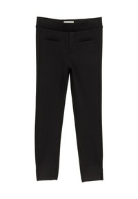 Schwarze, maßgeschneiderte Hose mit glatter Oberfläche, ausgestattet mit vorderen Taschen und schlanker Passform. Das Design enthält subtile Nahtdetails und Schlitze an den Knöcheln.
