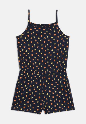 Tuta corta senza maniche blu navy con spalline sottili e motivo floreale piccolo arancione e giallo su tutta la superficie.