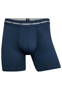 Mørkeblå herre boxer briefs lavet af strækbart stof, med en tætsiddende design, flade sømme og en waistband med et gråt logo.