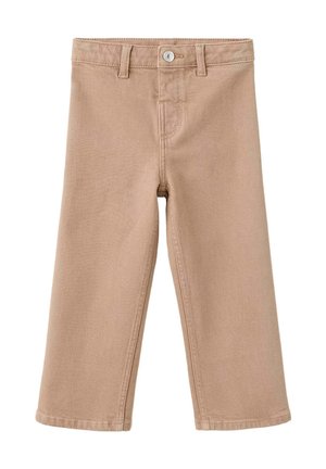 Pantalon beige à jambes droites avec bouton à l'avant, passants pour ceinture et détails de couture, présenté sur fond blanc.