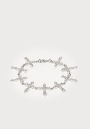 Silver bracelet with nine linked crosses, each encrusted with small clear crystals, on a white background.