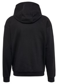 Zwarte hoodie met lange mouwen, met geribde manchetten en tailleband, getoond van achteren, met een effen, solide stofontwerp.