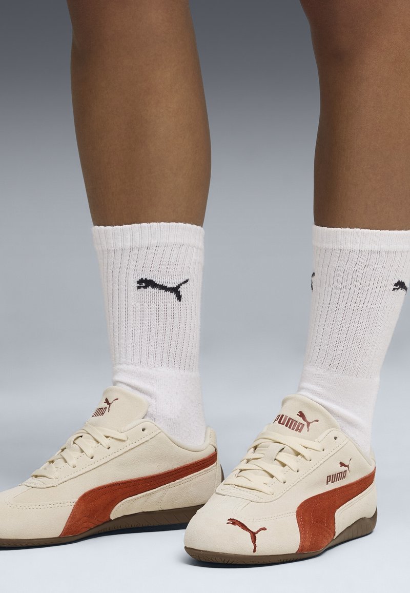 Jambes portant des chaussettes blanches Puma et des baskets Puma couleur crème avec des détails couleur rouille sur fond gris.