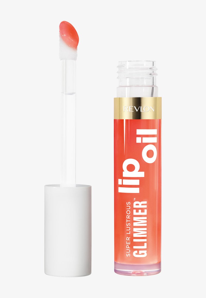 Revlon läppolja i genomskinlig tub med vit applikator. Produkten har en glansig, genomskinlig persikofärg och gul text med orden "läppolja."