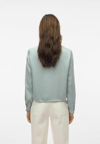 Blusa azzurro chiaro a maniche lunghe in tessuto morbido; presenta un design aderente e polsini con bottoni. Modella con jeans chiari.