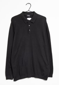 Sort langærmet polo-shirt lavet af bomuld, med krave, tre-knaps placket og elastisk kant. Velegnet til fritidsbrug.
