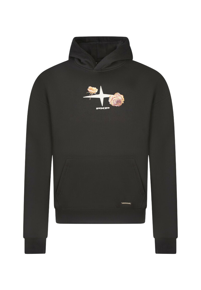 Felpa nera con cappuccio, decorata con grafiche floreali e un design a stella sul davanti. Include una tasca a marsupio e polsini a coste.