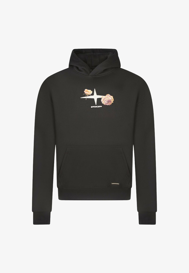 Felpa nera con cappuccio, decorata con grafiche floreali e un design a stella sul davanti. Include una tasca a marsupio e polsini a coste.