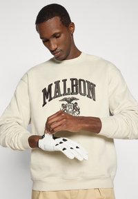 Λευκό γάντι του γκολφ με μαύρες λεπτομέρειες, εφαρμοσμένο σφιχτά σε ένα χέρι. Φορεμένο με ένα κρεμ καφέ φούτερ που έχει έναν έντονο σχεδιασμό λογοτύπου.