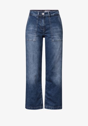 Pantalons larges en denim bleu avec taille haute, deux poches avant et une texture légèrement décolorée. Conçus en tissu de poids moyen.