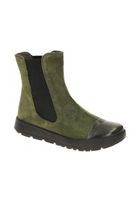 Green suede ankle boots feature black elastic side panels, a round black toe cap, and a textured rubber sole for traction.