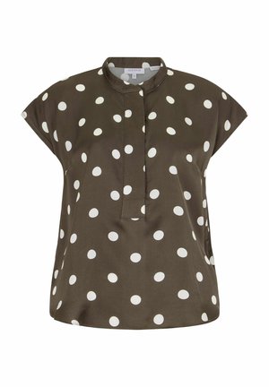 Hihaton tummanoliivinvihreä pusero valkoisilla pilkuilla, pystykaulus ja etukappaleen napitus.