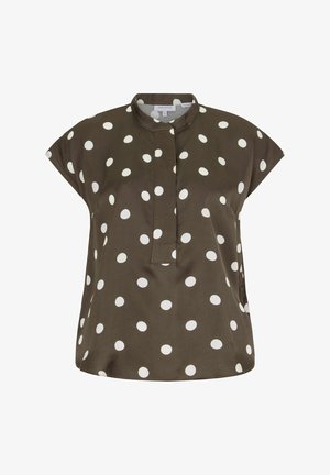 Hihaton tummanoliivinvihreä pusero valkoisilla pilkuilla, pystykaulus ja etukappaleen napitus.