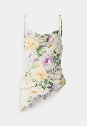 Lilleline pehme roosade, lillade ja roheliste lilledega kampsun helelilla taustaga. Siledat, kaasuvat disaini õhukeste rihmadega ja asümmeetrilise hemmetega.