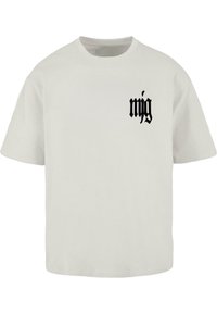 Short-sleeve, crew-neck T-shirt in off-white cotton with a black, stylized logo on the left chest area. Simple, classic design.