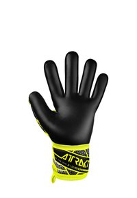 Schwarze Torwart-Handschuhe mit griffiger, strukturierter Oberfläche, ausgestattet mit einem neon-gelben Handgelenkband mit geometrischen Mustern und Markenlogo.