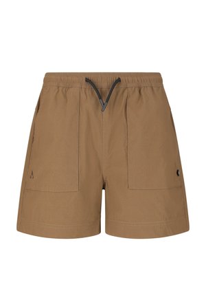 Braune legere Shorts mit elastischem Bund und schwarzem Kordelzug, ausgestattet mit zwei aufgesetzten Taschen vorne und einem kleinen Knopfdetail an der rechten Tasche.
