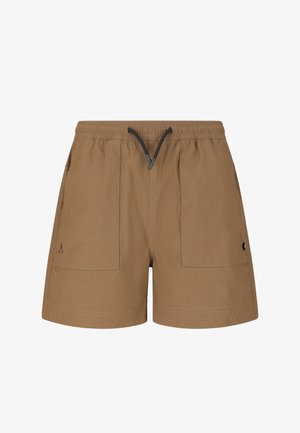 Ruskeat rento housut, joissa on joustava vyötärönauha ja musta kiristysnauha. Edessä kaksi paikkataskua ja oikeassa taskussa pieni nappidetalji.