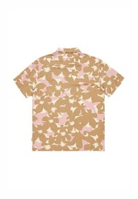 Chemise boutonnée à manches courtes avec un motif floral abstrait beige, rose et blanc, vue de dos.
