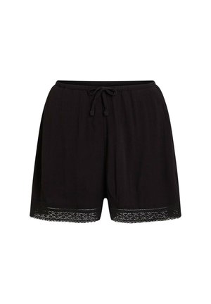 Zwarte korte broek van luchtige stof met een taillekoorden. Voorzien van kanten rand aan de zoom en een losse, comfortabele pasvorm.