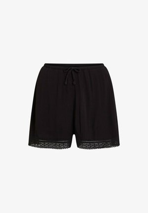 Schwarze Shorts aus luftigem Stoff mit Kordelzug in der Taille. Versehen mit Spitzenbesatz am Saum und einem lockeren, bequemen Schnitt.
