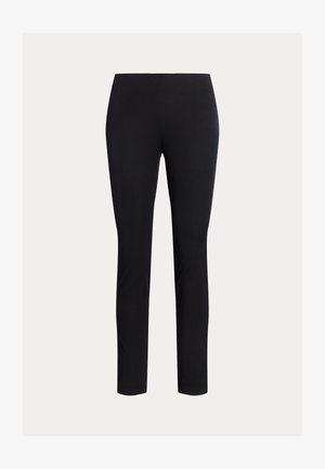 Fekete, karcsúsított, bokáig érő nadrág sima derékpánttal, amely elegáns, szabott megjelenésre lett tervezve.