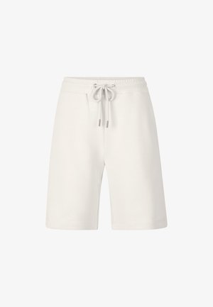 Pantalones cortos de color blanco roto de longitud media con cintura elástica y cordón ajustable delantero, tejido liso y corte recto.