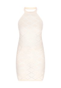 Abito bodycon color crema con collo a halter. Motivo testurizzato di diamanti sulla stoffa, finitura liscia e silhouette aderente.