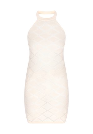 Kreminė suknelė bodycon su kaklo diržu. Tekstūruotas deimantų raštas per audinį, lygus paviršius ir prigludusi siluetas.