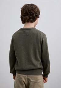 Olive green sweater made of soft fabric, featuring a crew neckline and ribbed cuffs and hem. Rear view shows simple, clean design.