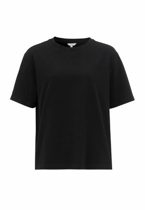 Zwart T-shirt met korte mouwen en ronde hals, weergegeven op een witte achtergrond, met een vooraanzicht met rechte zoom en een ontspannen pasvorm.