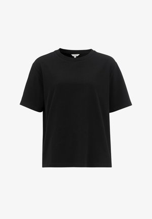 Musta lyhythihainen pyöreäkauluksinen T-paita valkoisella taustalla, esittäen etupuolta suoraan helman ja rento istuvuus.