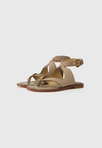Tan suede sandals feature a toe loop, cut-out design, ankle strap with gold buckle, and a flat wooden sole.
