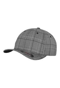 Grijze en zwarte geruite baseballcap met een gebogen rand, gestructureerde kroon en ventilatiegaten. Gemaakt van textiel met een gladde afwerking.