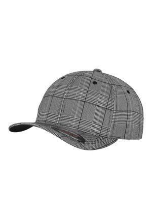 Grijze en zwarte geruite baseballcap met een gebogen rand, gestructureerde kroon en ventilatiegaten. Gemaakt van textiel met een gladde afwerking.