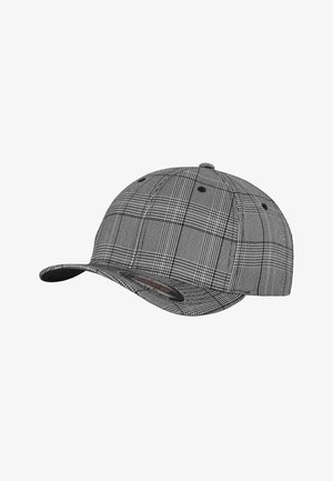 Grå og sort ternet baseballcap med buet skygge, struktureret krone og ventilationshuller. Lavet af tekstureret stof med en glat overflade.
