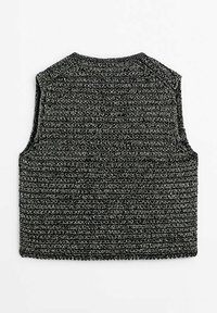Czarny dziany top bez rękawów z teksturowanym, prążkowanym wzorem. Posiada okrągły dekolt i otwarte otwory na ramiona.