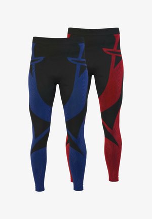 Two pairs of fitted leggings in black, featuring blue and red abstract patterns with textured accents. Each pair has a solid black waist.